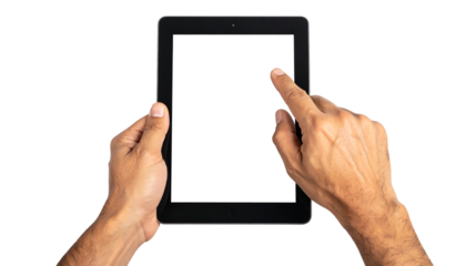 Hands holding and touching a black tablet with a blank white screen, viewed from above on white background