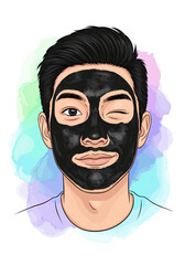 A young man of East Asian descent wearing a detoxifying, jet-black clay mask and playfully winking. Doodle art style.