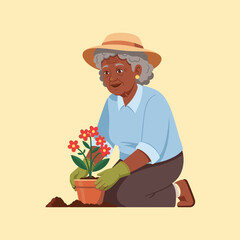 Happy elderly African American woman with gray curly hair wearing sun hat and gardening gloves kneeling and planting small red flowering plant in terracotta pot 