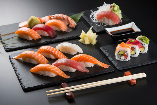 Assortment of fresh sushi and sashimi beautifully arranged on black slate plates with chopsticks - Powered by Adobe