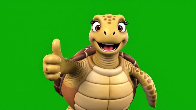 Animated Cheerful Cartoon Turtle Character Waving and Dancing on Green Screen Background.