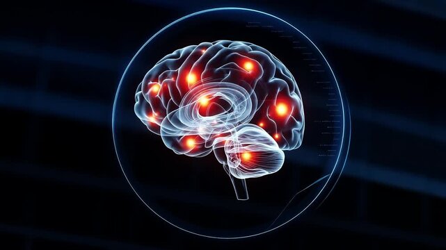 3D hologram of human brain showing neurological disease with glowing markers indicating affected brain areas