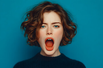 The young emotional angry woman screaming on blue studio background