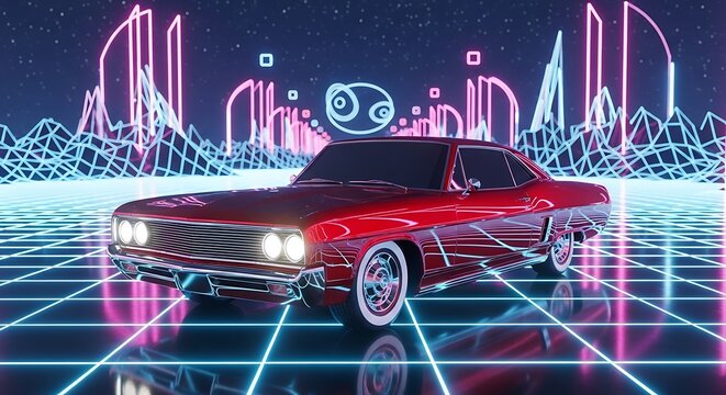 Retro Futuristic Car in a Neon Grid Environment. - Powered by Adobe