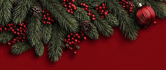 Red Christmas Background with Pine Branches, Berries and Ornament. Great for holiday cards, seasonal marketing materials, and Christmas design projects.