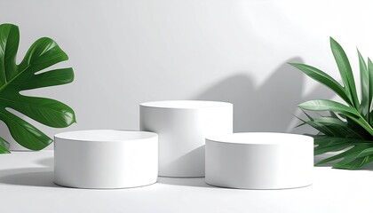 Three white pedestals with plant fronds on white backdrop