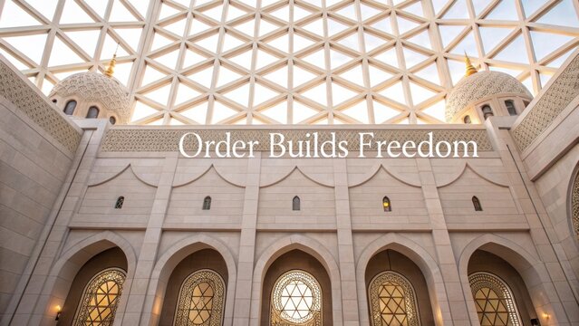 Majestic architectural design showcasing harmonious blend of tradition and modernity with intricate geometric patterns and natural light