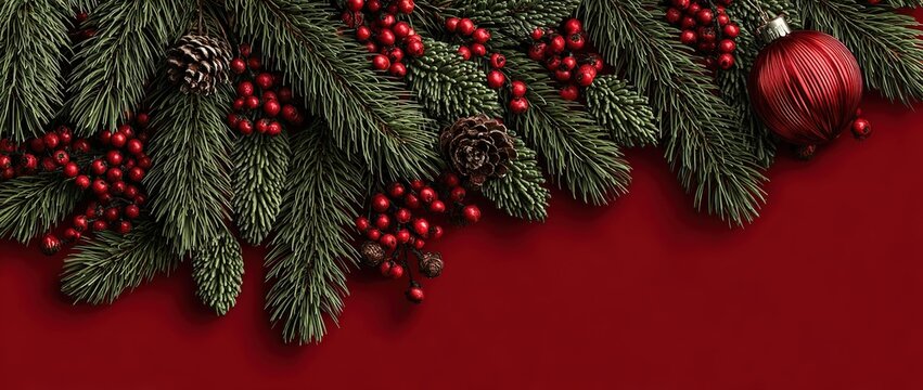 Red Christmas Background with Pine Branches, Berries and Ornament. Great for holiday cards, seasonal marketing materials, and Christmas design projects.