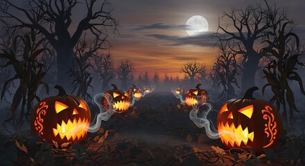 Fototapeta premium Spooky Halloween Night with Jack-o-Lanterns and Full Moon in a Dark Forest.