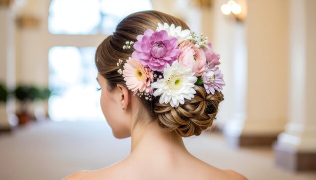 Pastel Floral Masterpiece on an Intricate Woven Bridal Updo Hairstyle
