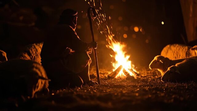Shepherd man kneeling with his staff near a flickering campfire as sheep rest, a traditional christmas nativity scene.