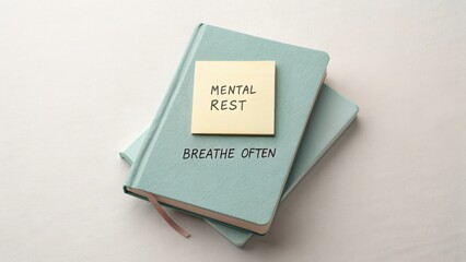 Peaceful workspace with notebooks showcasing mental rest and breathing guidance for mindfulness and wellness practices