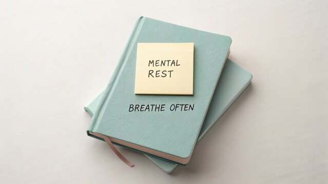 Peaceful workspace with notebooks showcasing mental rest and breathing guidance for mindfulness and wellness practices