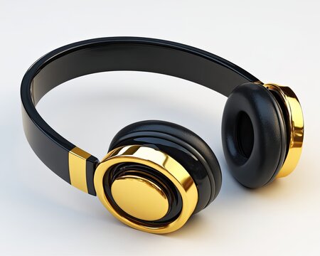 Luxury Black And Gold Headphones On White Background