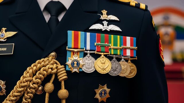 Detailed Close-Up of Indian Navy Officer s Dress Uniform Featuring Medals and Decorations, Navy Day Commemoration