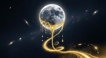 Surreal Moon Dripping Golden Light into Cosmic Expanse.