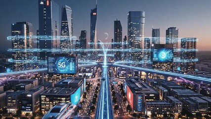 Towering city buildings at night come alive with kaleidoscope of lights illuminating massive digital screens, showcasing innovative smart city spirit where technology brings people together.