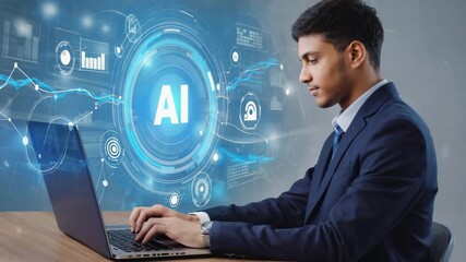 Young professional man typing on laptop with futuristic A I data visualization interface glowing 4K Ai HD high quality video.	
 - Powered by Adobe