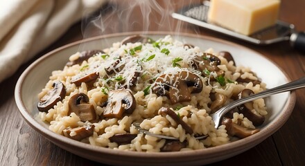 Steaming Mushroom Risotto with Parmesan Cheese and Fresh Herbs.