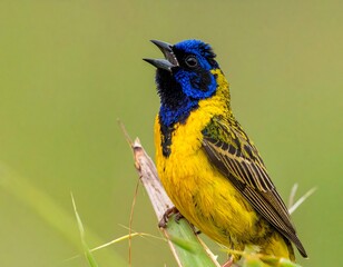Fototapeta premium Bright yellow & blue bird perches on plant stem against a smooth, out-of-focus green background
