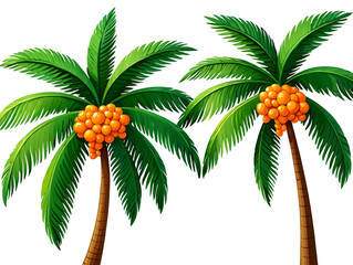 Two vibrant palm trees laden with oranges against a white background