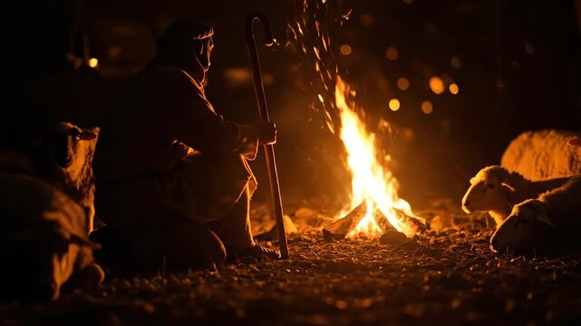 Christian man as shepherd watching his sheep at night by campfire with glowing embers, nativity scene concept.