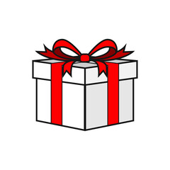 White gift box with red ribbon for birthday celebration and icon symbpll template