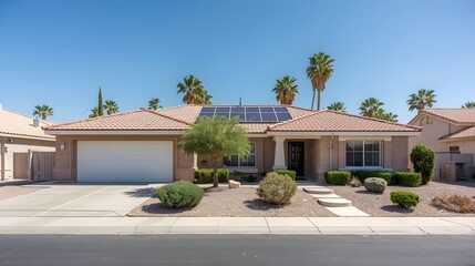 Fototapeta premium Modern desert home with solar panels and lush landscaping under a clear blue sky