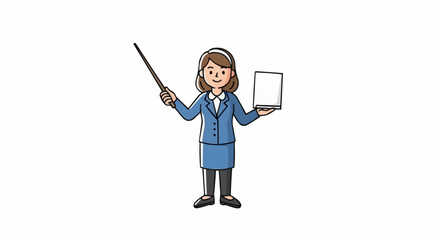 Smiling businesswoman in a blue suit giving a presentation with a pointer stick.