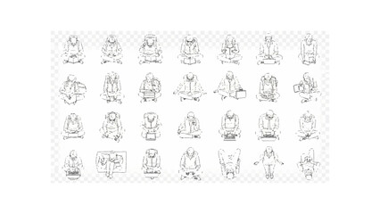 Collection of sketches depicting people sitting in various poses with objects in their laps or hands