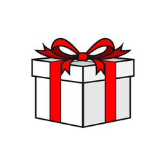 White gift box with red ribbon for birthday celebration and icon symbpll template