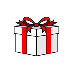 White gift box with red ribbon for birthday celebration and icon symbpll template