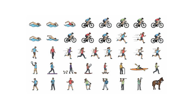 Collection of athletes engaged in various sports activities including swimming cycling and running shown here