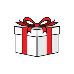 White gift box with red ribbon for birthday celebration and icon symbpll template