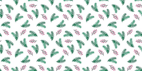 Green pine branch and pink berry pattern background. Seamless botanical Christmas pattern with winter foliage and berries for festive decoration and wrapping design.
