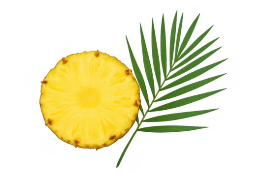 Pineapple slice and palm leaf on transparent background