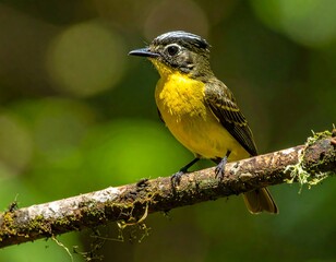 Fototapeta premium Bright yellow bird perches on a mossy branch in a blurred green foliage background