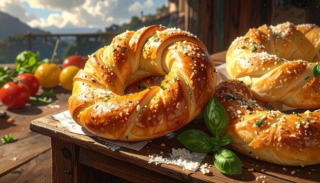 Close-up of golden, baked pretzel-like bread rings with herbs and salt on a wooden table, fresh vegetables