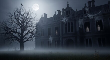 Spooky Victorian Mansion on a Foggy Moonlit Night with a Bare Tree.