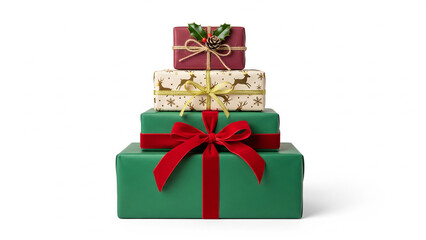 Fototapeta premium A festive pyramid stack of four beautifully wrapped Christmas presents isolated on a clean white background.