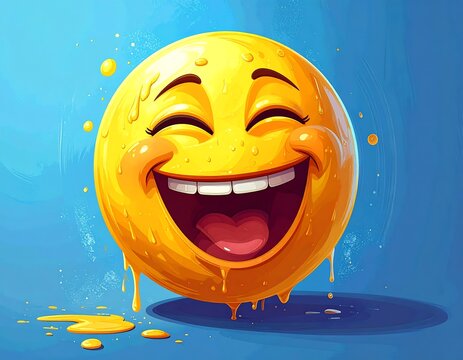 Bright yellow emoji face laughs hysterically, oozing liquid with a blue background - Powered by Adobe