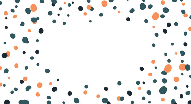 Abstract background with scattered teal and orange irregular dots forming a decorative border around a blank center.