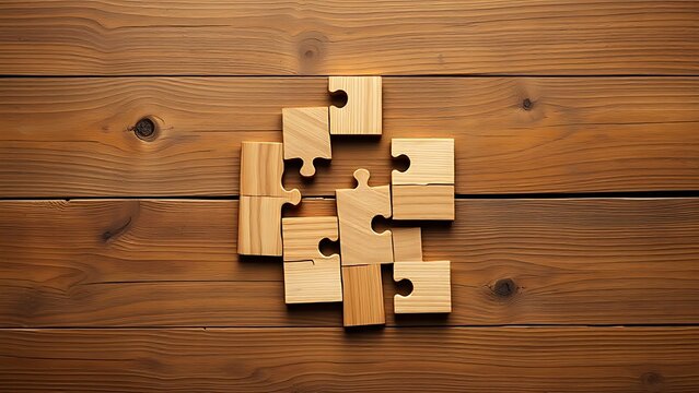 tangram. Wooden tangram pieces forming an abstract shape on a rustic table, captured from above in warm natural light. tutorial guides, club newsletters, designed for sports & leisure club marketing.