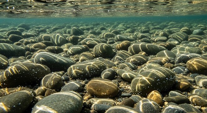Underwater view of a riverbed with numerous smooth, round stones and clear water.