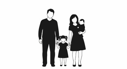 Family portrait of parents and children standing together in silhouette.
