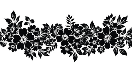 Fototapeta premium Elegant black and white floral border featuring a continuous design of detailed flowers and leaves, perfect for decorative elements and seamless patterns.