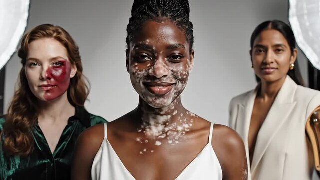 Three Diverse, Empowered Women with Vitiligo, Scars, and Prosthetics Pose Confidently in a Professional Studio.