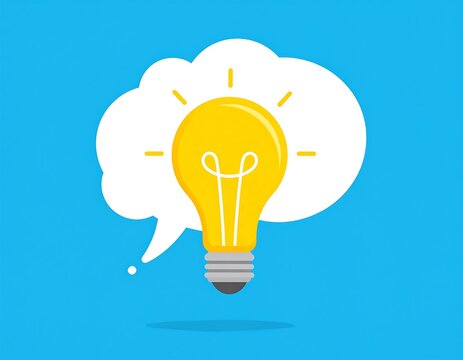 Bright yellow light bulb inside white speech bubble on a vibrant blue background