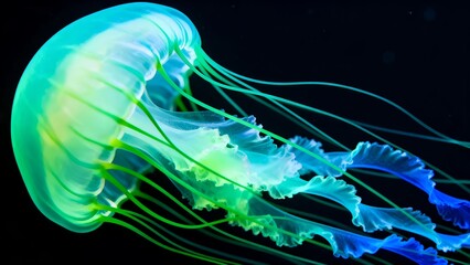 Bioluminescent jellyfish floats gracefully in the deep ocean with vibrant colors of blue green and yellow creating a mesmerizing underwater scene perfect for marine biology education and ocean conserv