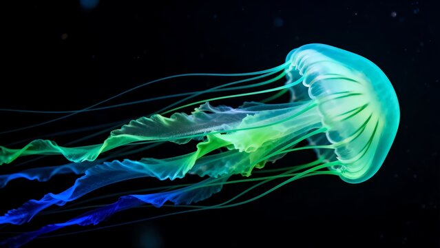 Mesmerizing jellyfish gracefully floats in the deep ocean with vibrant blue and green bioluminescence illuminating its delicate tentacles against the dark background creating a stunning underwater sce